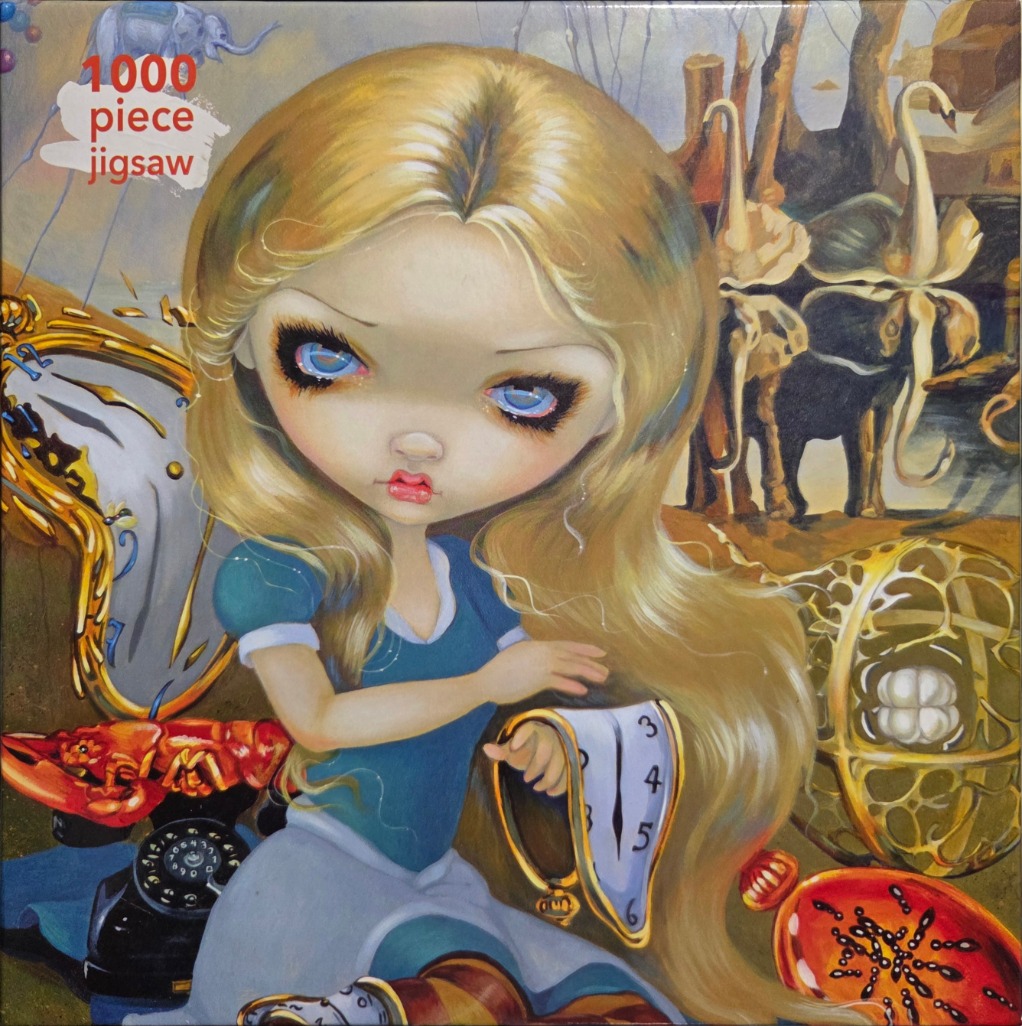 A whimsical illustration of a blonde girl with large eyes surrounded by melting clocks and surreal imagery.