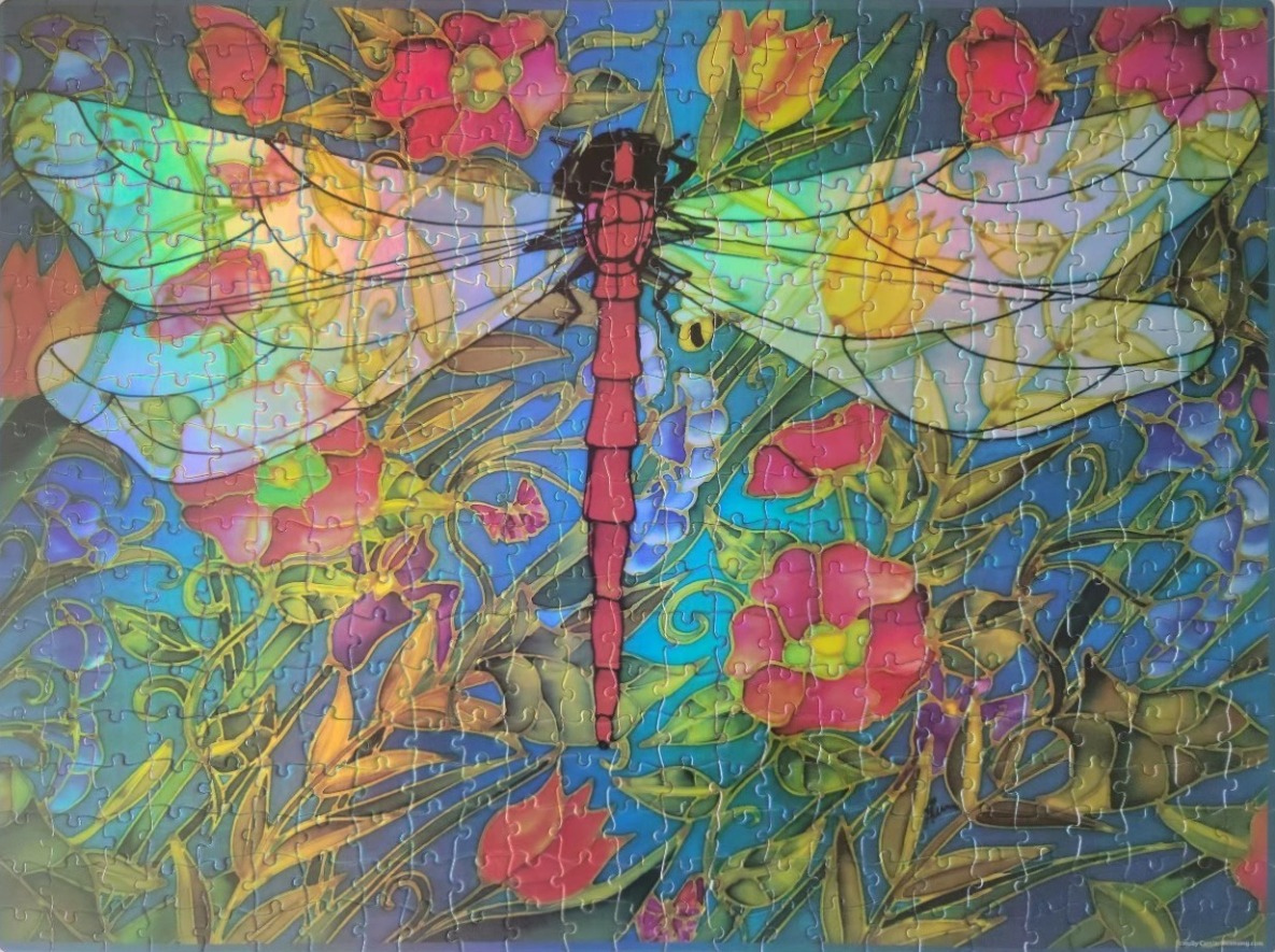 A vibrantly coloured painting of a red dragonfly perched amongst red and yellow flowers against a blue background.