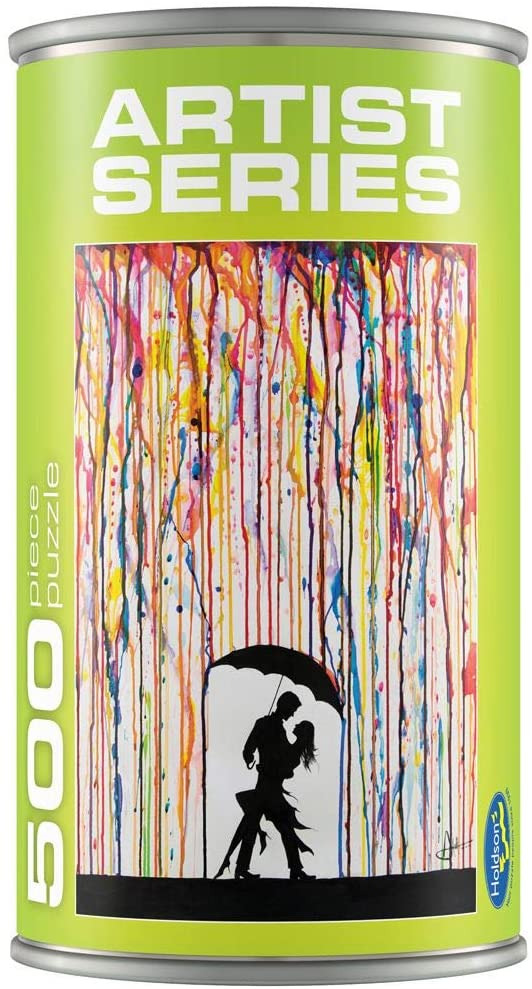 Silhouette of a couple dancing under an umbrella against a backdrop of colorful vertical paint drips.