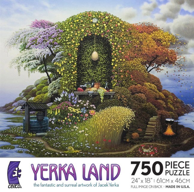 A surreal illustration of a hill shaped like a house covered in seasonal vegetation with a central alcove and still life.