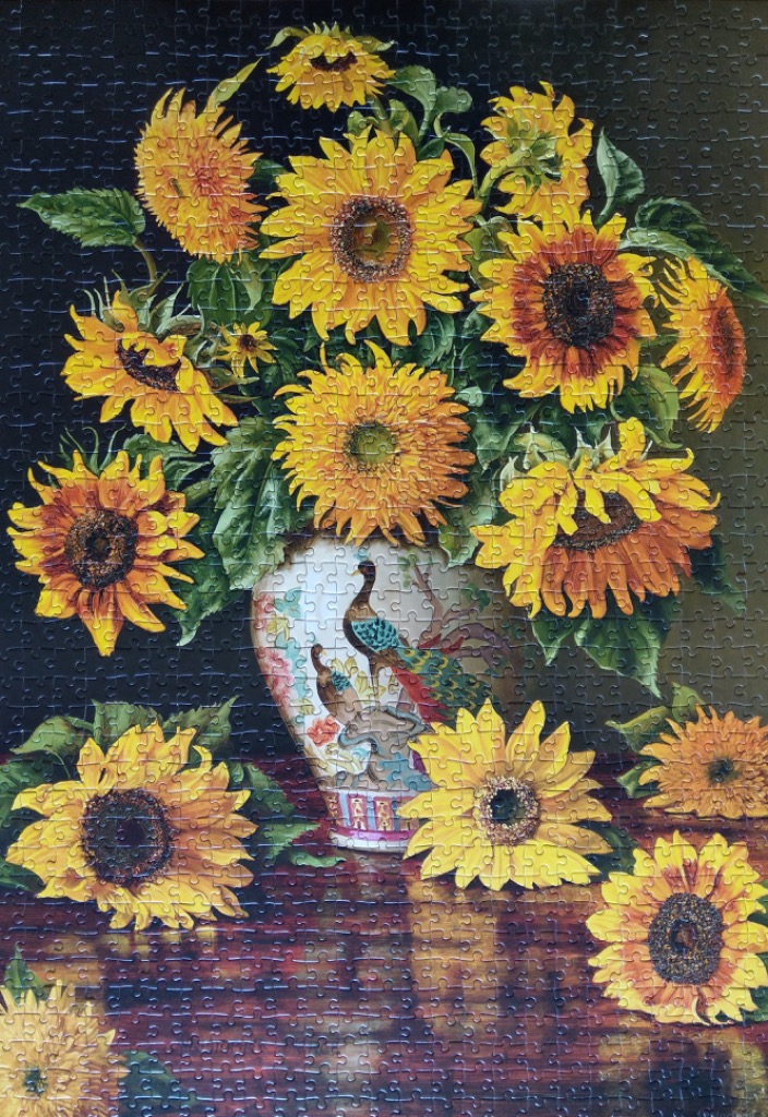 A still life painting of a bouquet of sunflowers in an ornate peacock vase.