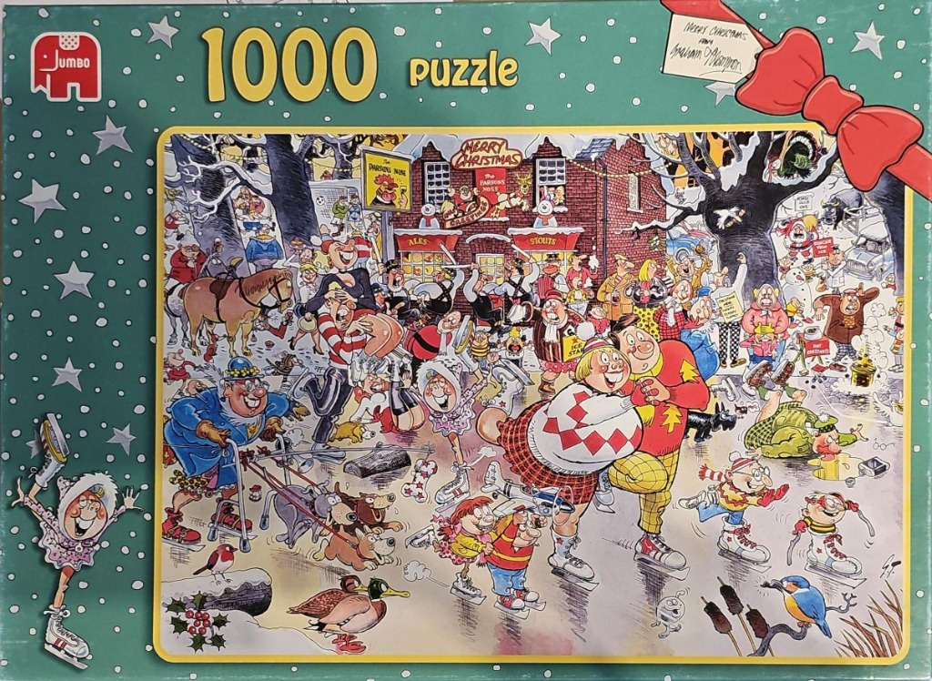 A busy cartoon illustration of a chaotic ice-skating scene in front of a festive pub during winter.