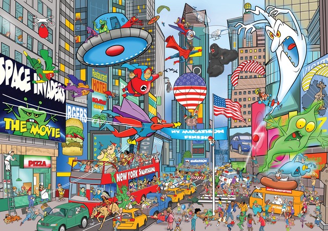 A chaotic, cartoon-style illustration of a bustling Times Square filled with superheroes and supernatural creatures.