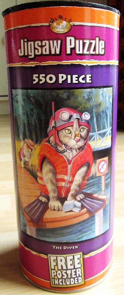 A whimsical illustration of a tabby cat wearing scuba gear while sitting on a wooden dock.