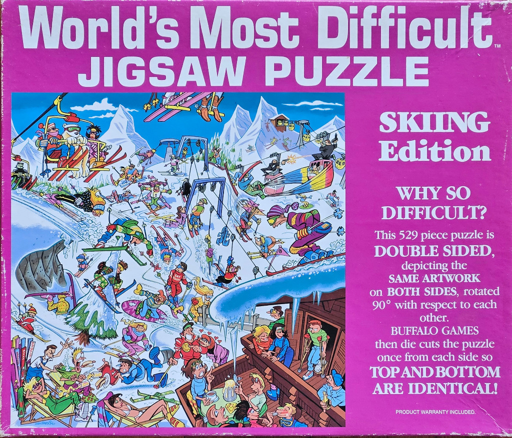 A chaotic cartoon scene of a crowded, busy ski resort with many skiers and snowboarders on a snowy mountain.