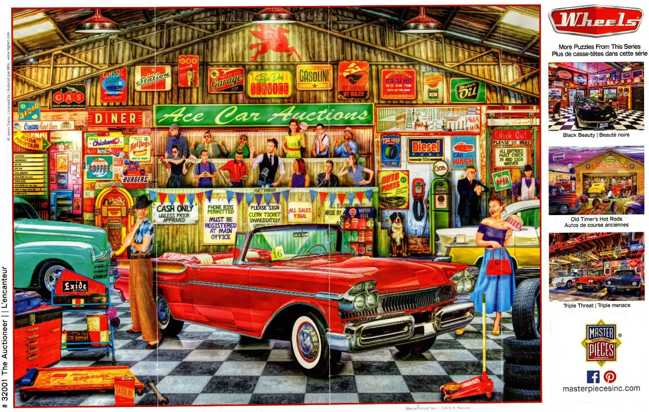 An illustration of a classic car auction taking place inside a retro garage.