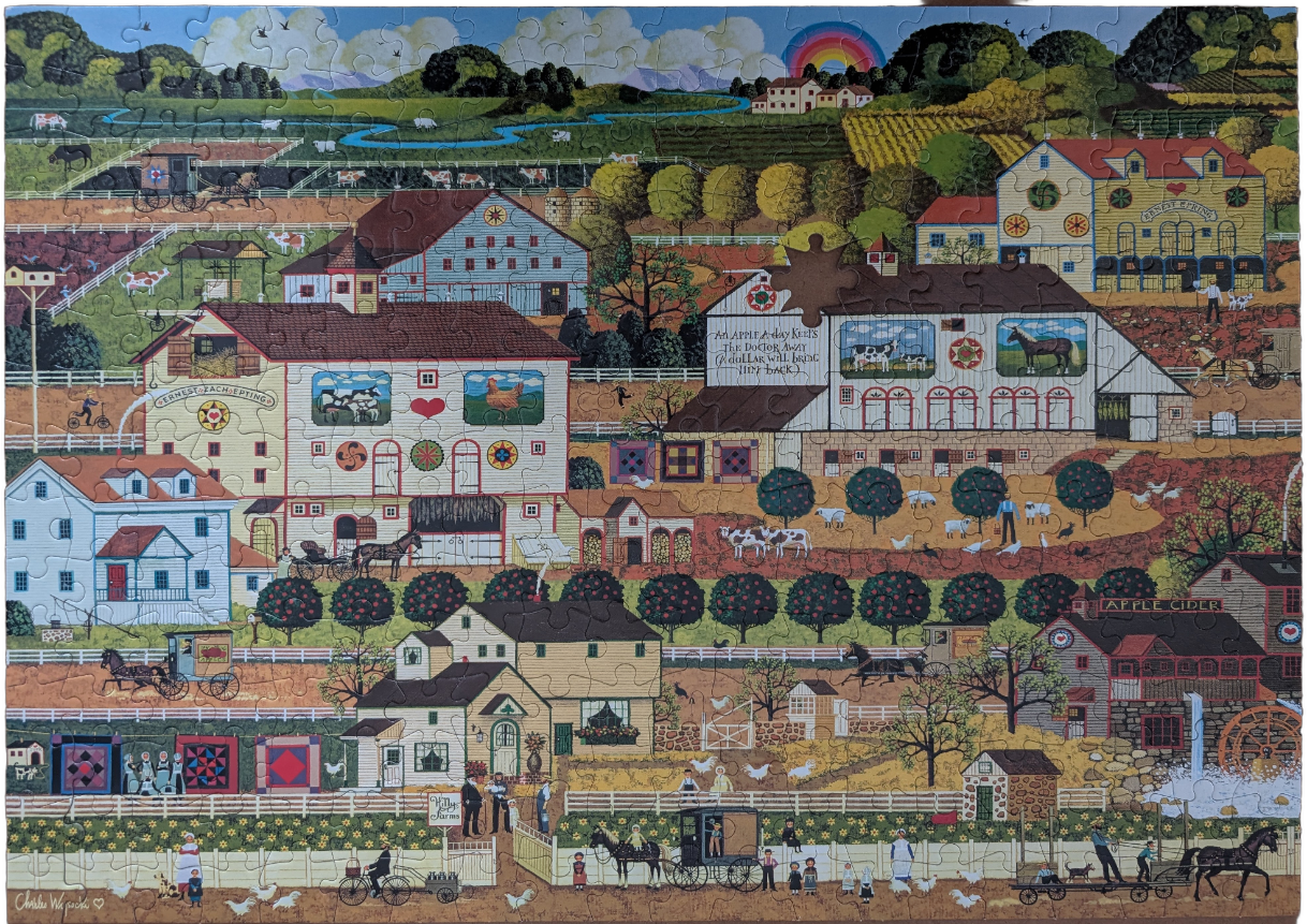 Folk art scene of a bustling 19th-century farm with barns, livestock, and people.