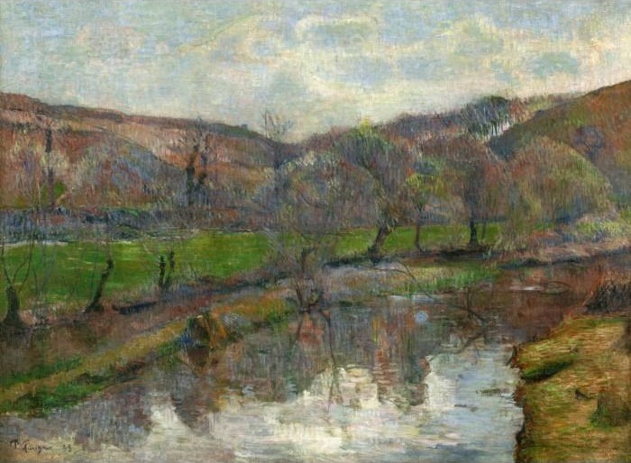 Impressionist oil painting of a river winding through a valley of bare trees and rolling hills.