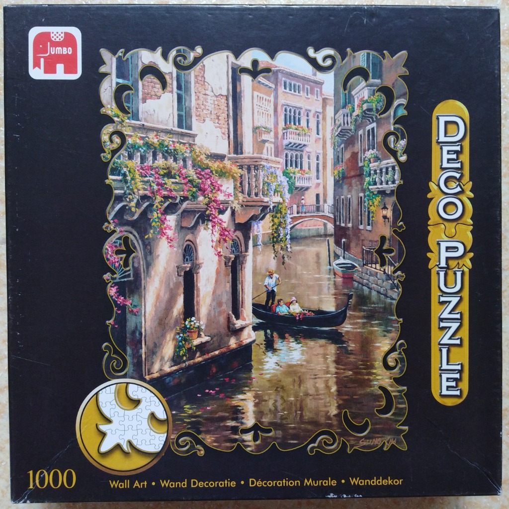 An oil painting style illustration of a gondola ride through a Venetian canal surrounded by historic stone buildings.