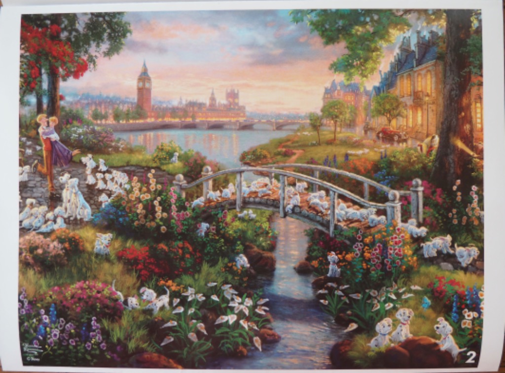 A romantic scene with a couple and many dalmatian puppies in a garden near a river and Big Ben at sunset.