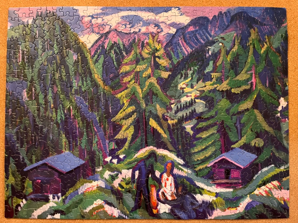 Expressionist painting of mountain cabins, pine forests, and two figures in a colorful alpine landscape.