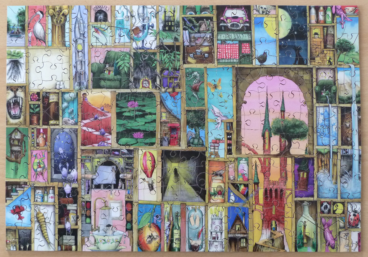 A complex, whimsical illustration featuring a grid of small, interconnected compartments filled with surreal scenes.