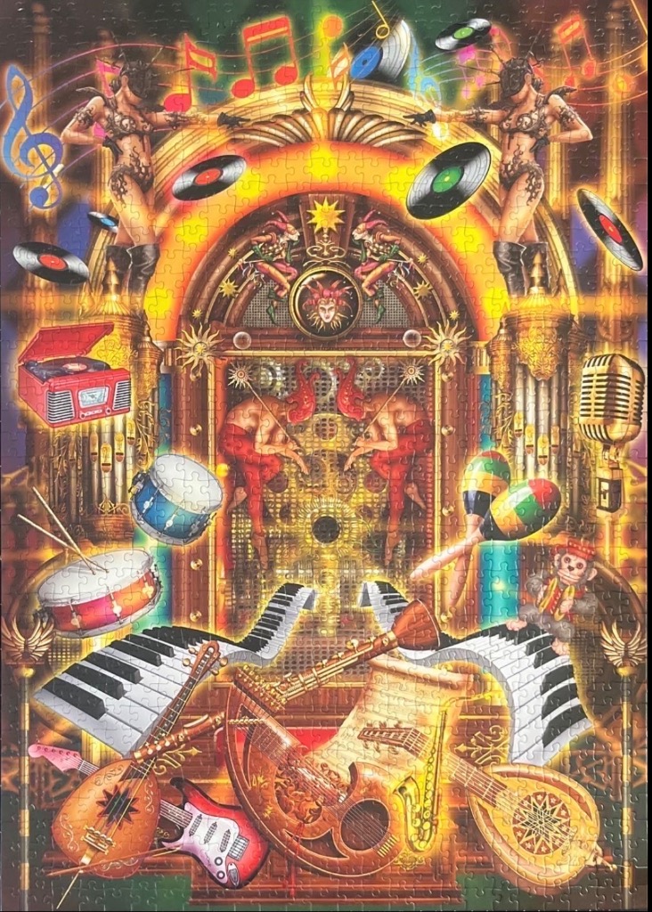 Surreal musical composition featuring a grand arched doorway surrounded by instruments and dancers.