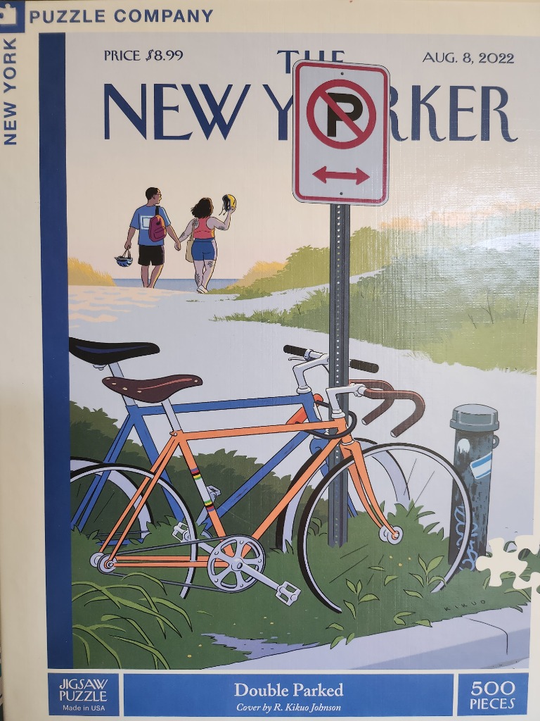 An illustration of a couple walking toward a beach next to two bicycles parked by a No Parking sign.