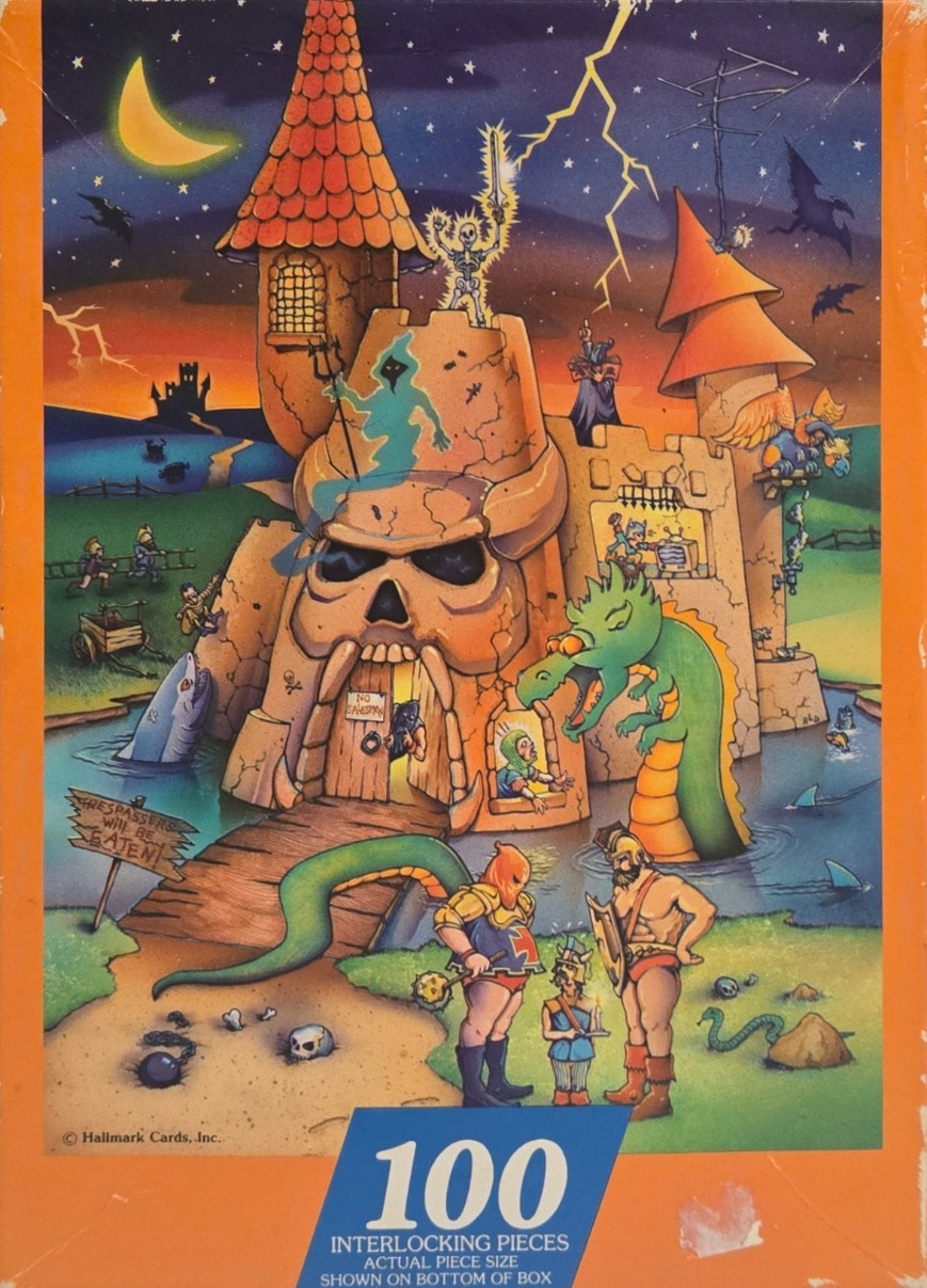 Cartoon fantasy illustration of a skull-shaped castle, monsters, and medieval adventurers at night.