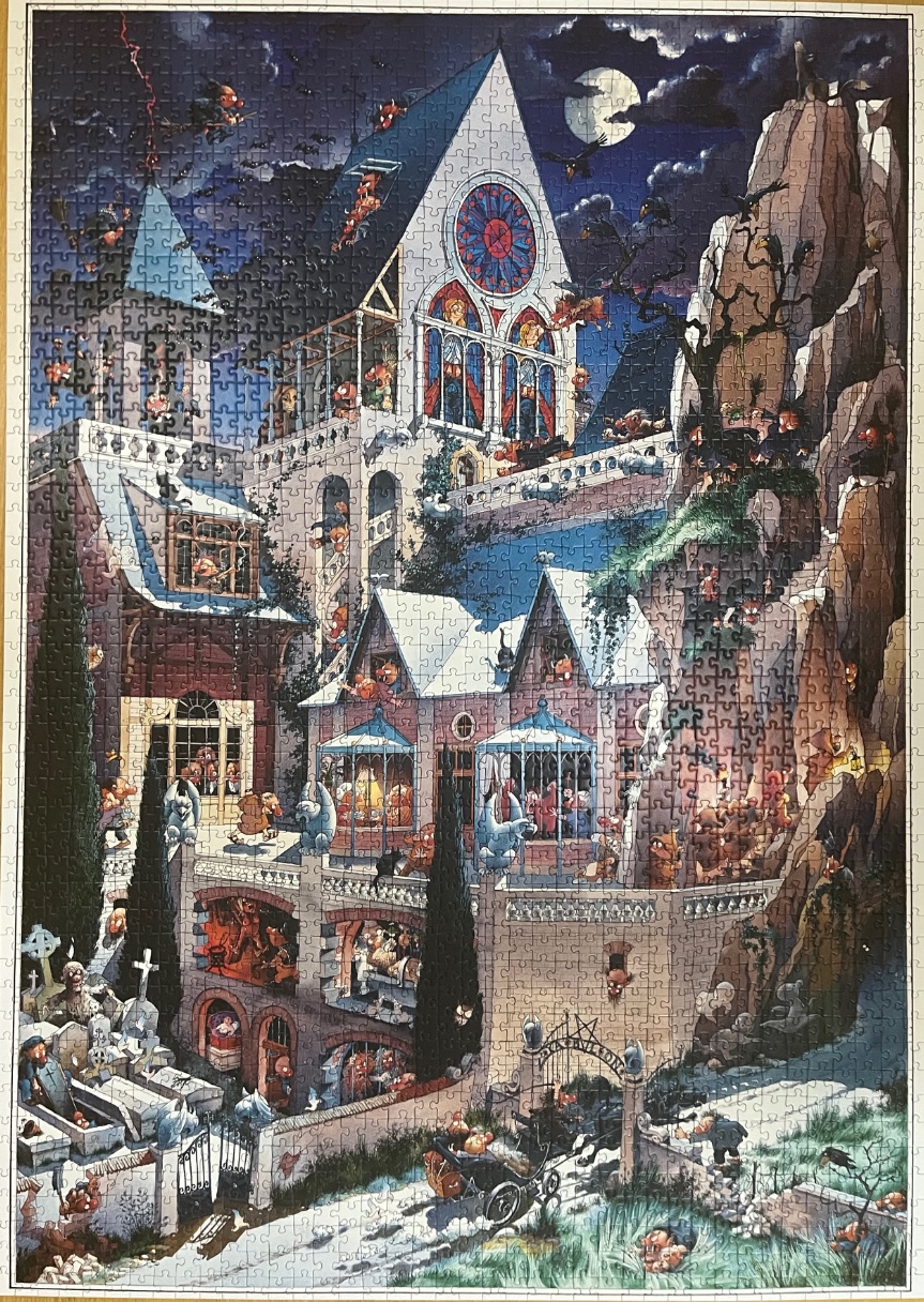 A whimsical illustration of a gothic castle at night populated by tiny goblins, featuring a graveyard and full moon.