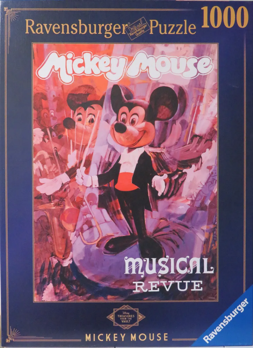 A vintage illustration of Mickey Mouse in a tuxedo conducting a musical ensemble, rendered in a warm, artistic style.