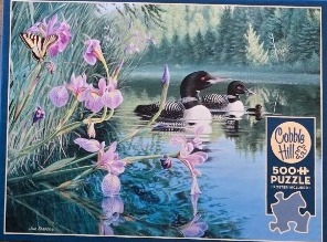 A pair of loons swimming in a calm lake near a cluster of lavender iris flowers with a butterfly perched on a petal.