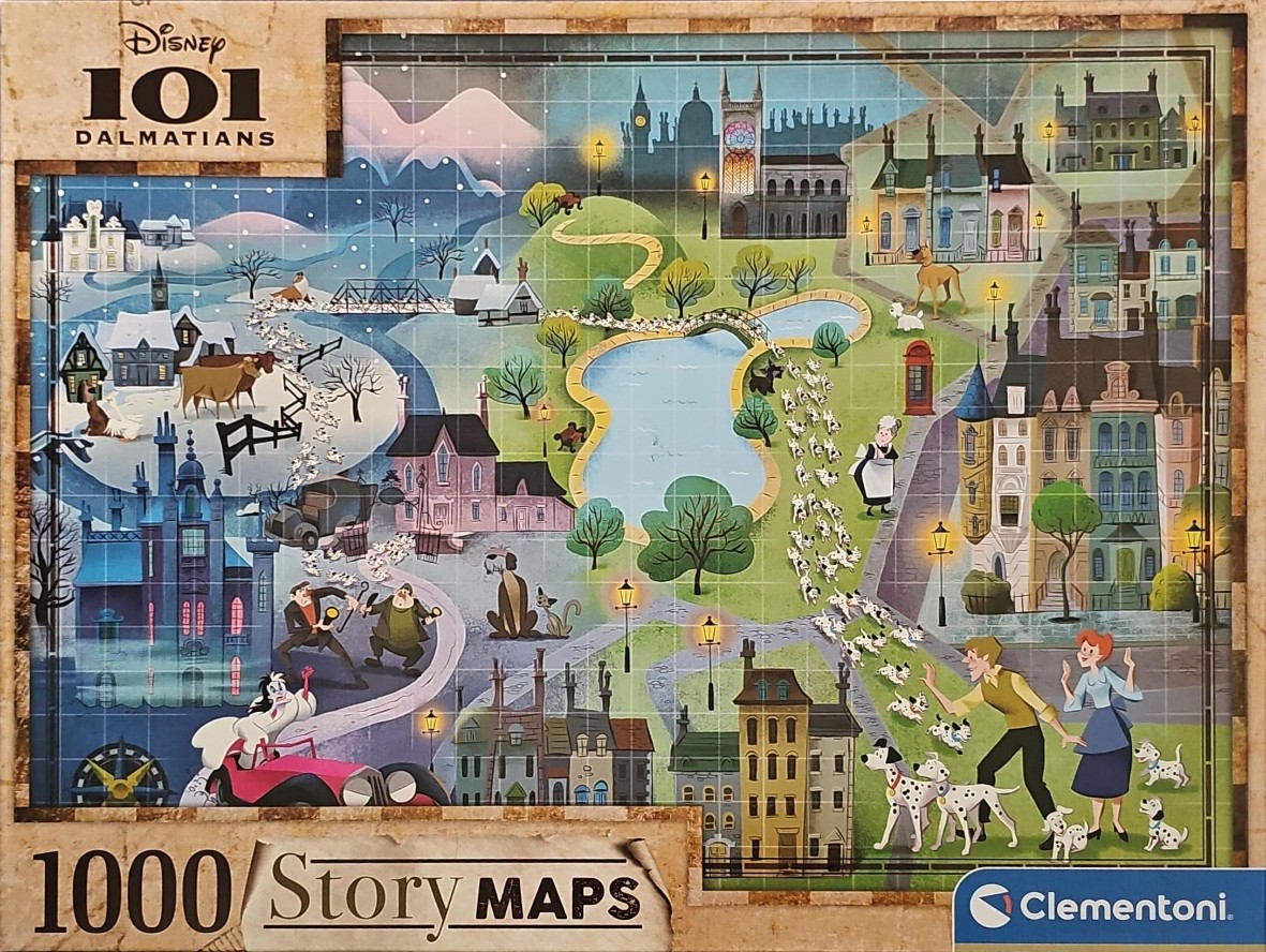 A stylized story map of 101 Dalmatians showing a path of puppies through a park, city, and snow-covered countryside.