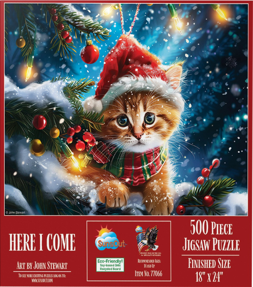 A digital illustration of a fluffy ginger kitten wearing a Santa hat and plaid scarf, nestled in a snowy Christmas tree.