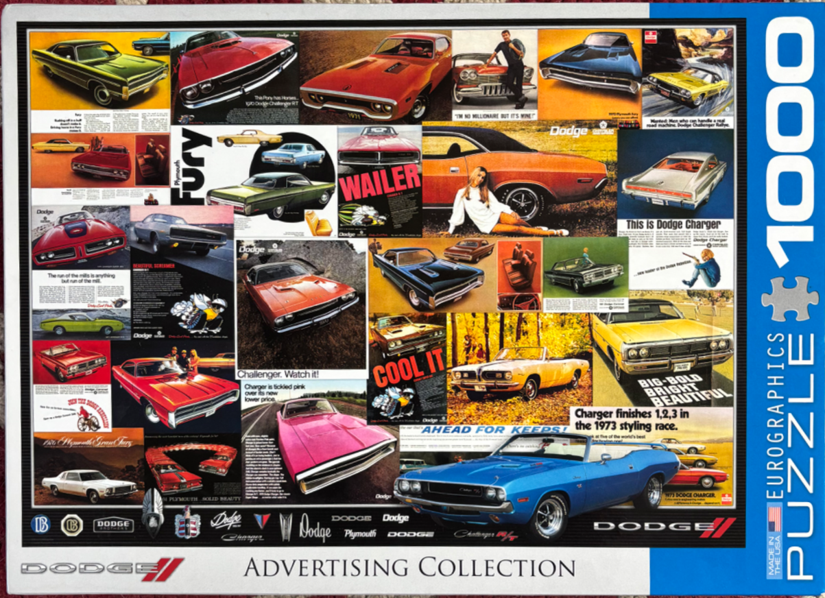 A collage of vintage Dodge and Plymouth car advertisements featuring muscle cars in various colors and settings.
