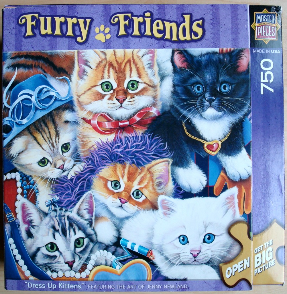Six kittens of various breeds adorned with playful accessories like hats, pearls, and bows.