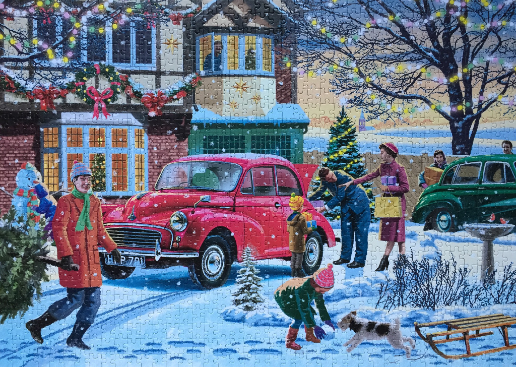 A cozy winter holiday scene with a red vintage car, snow-covered garden, and a family preparing for Christmas.