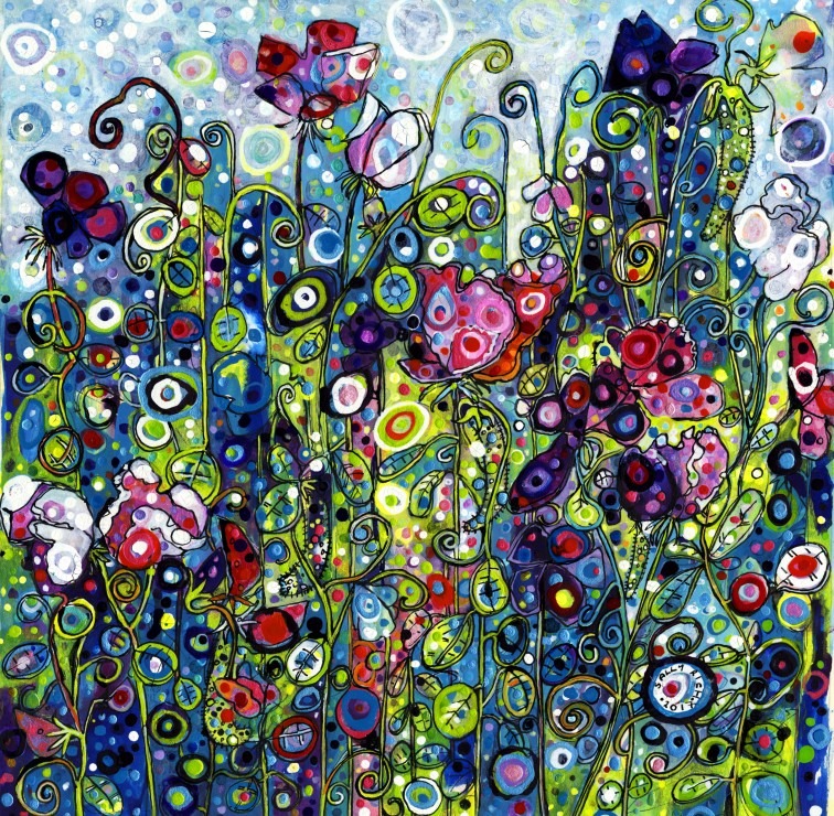 Whimsical, colorful abstract painting of flowers with swirling lines and circular patterns against a blue background.
