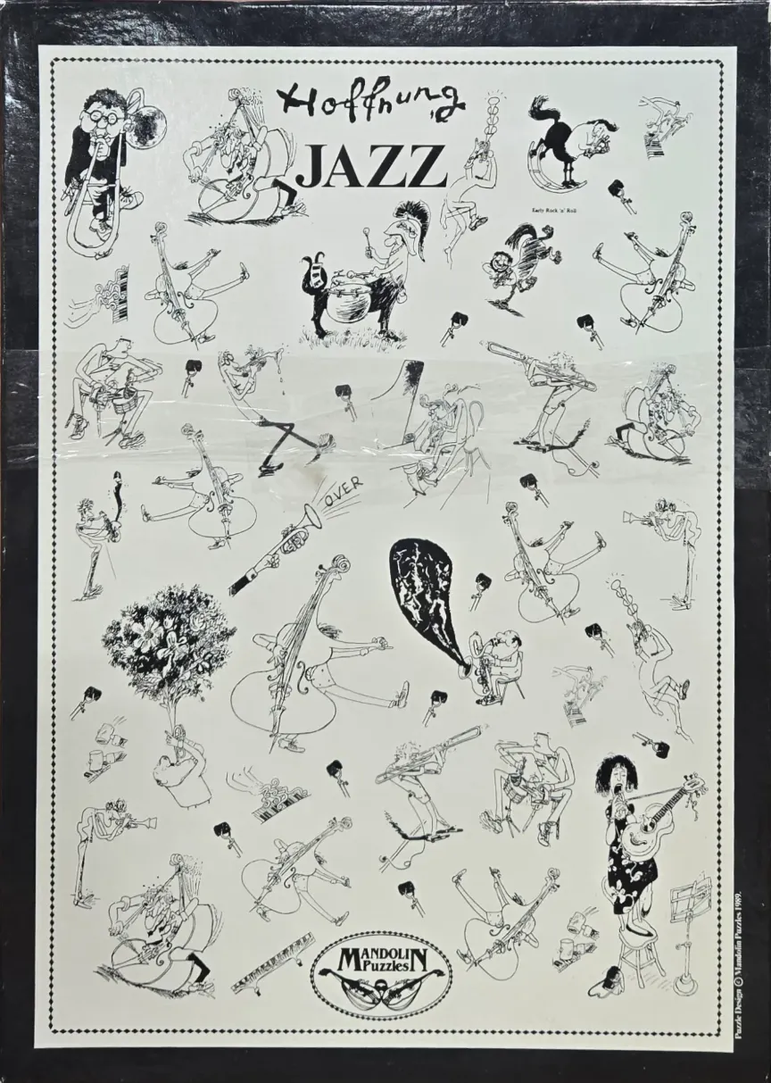 A whimsical black and white ink sketch featuring caricatured jazz musicians and instruments.