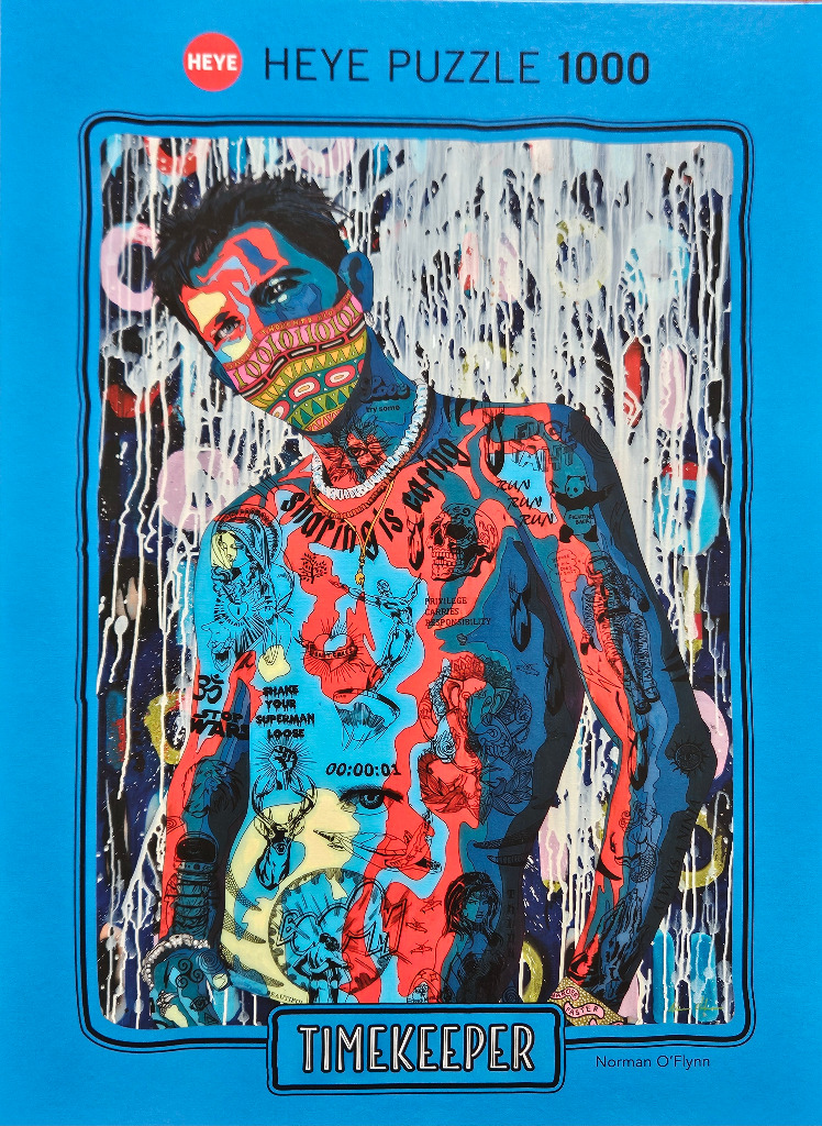 Contemporary pop-art portrait of a tattooed man with a patterned face mask against a drippy, colourful background.