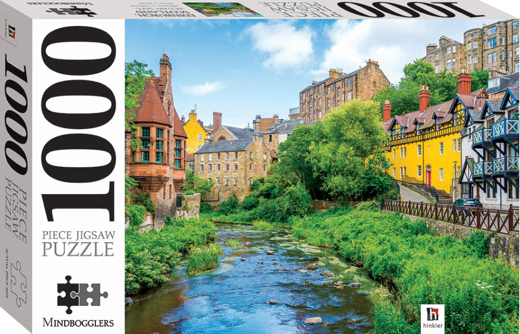 A scenic view of Dean Village in Edinburgh, Scotland, with old stone buildings along a river.