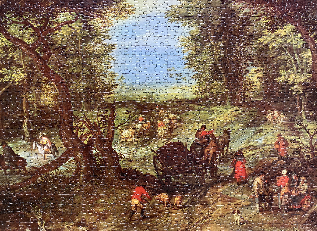 A 17th-century style painting of a busy landscape with travelers, horses, and carriages in a wooded clearing.