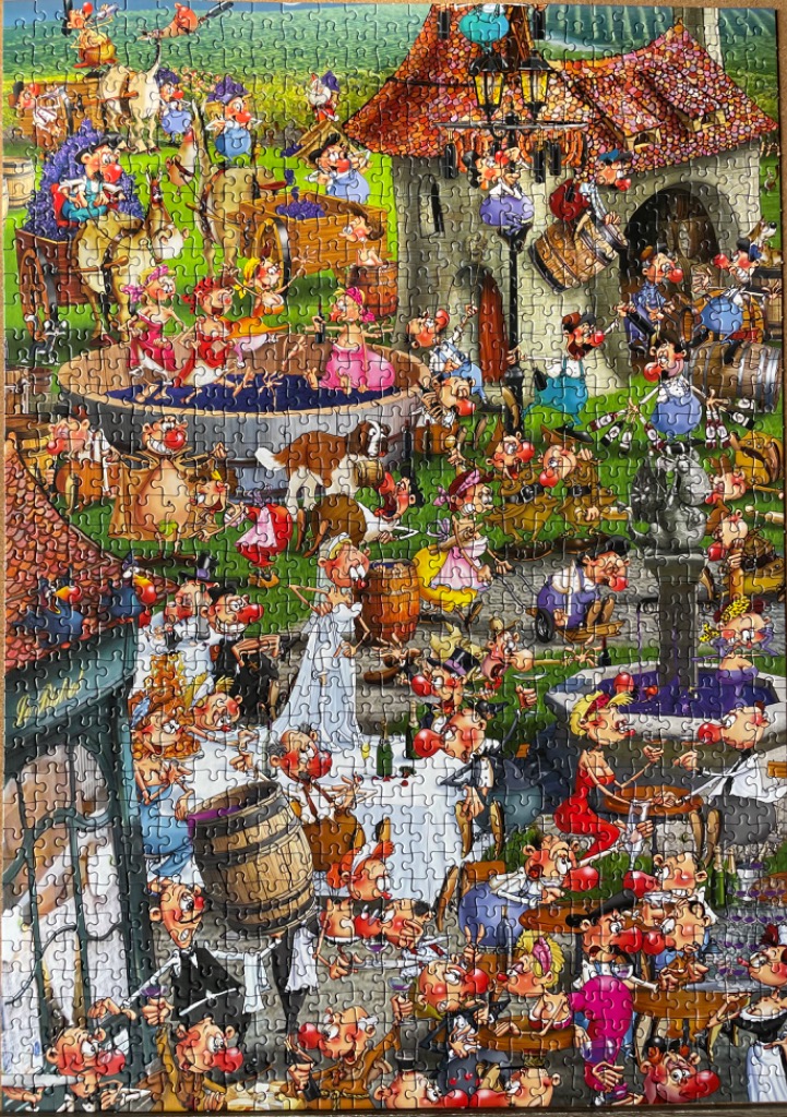 Cartoon illustration of a chaotic wine festival scene with many comical characters, a bride, and wine barrels.