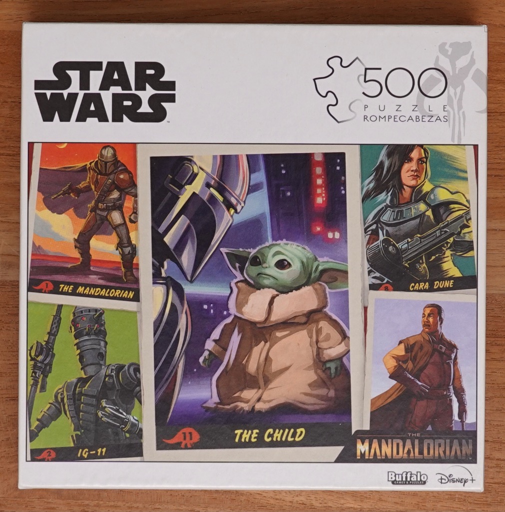 Artistic collage of characters from The Mandalorian, including The Child, The Mandalorian, Cara Dune, and IG-11.