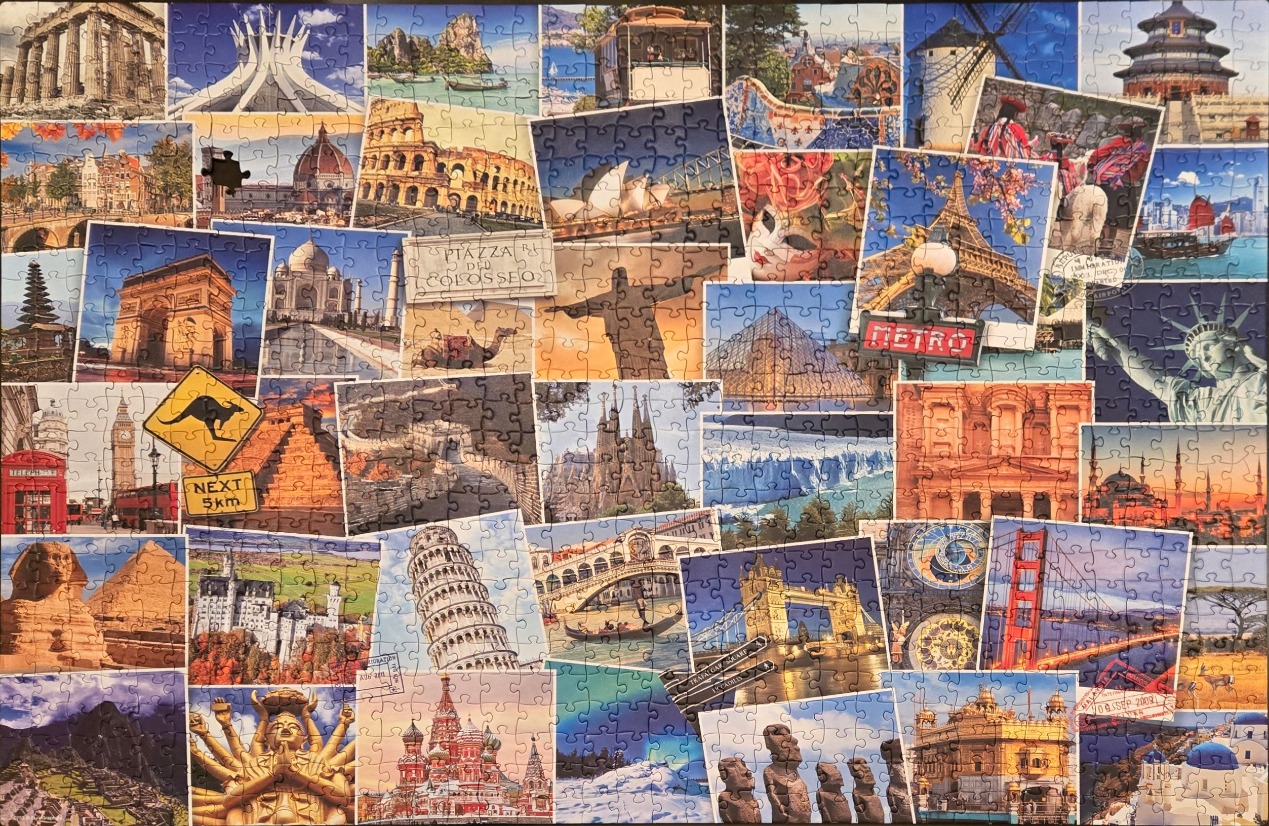 A collage of various world travel destinations, monuments, and iconic landmarks.
