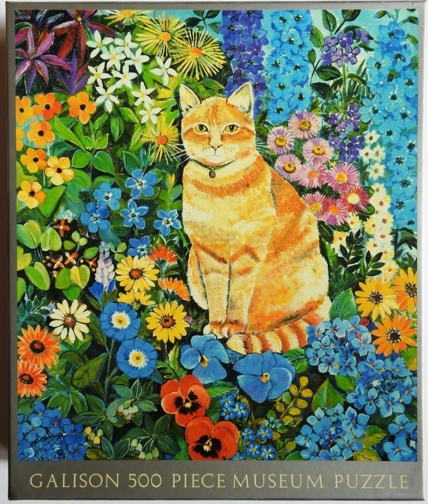 A painting of an orange tabby cat sitting amidst a dense, colorful garden of blooming wildflowers.