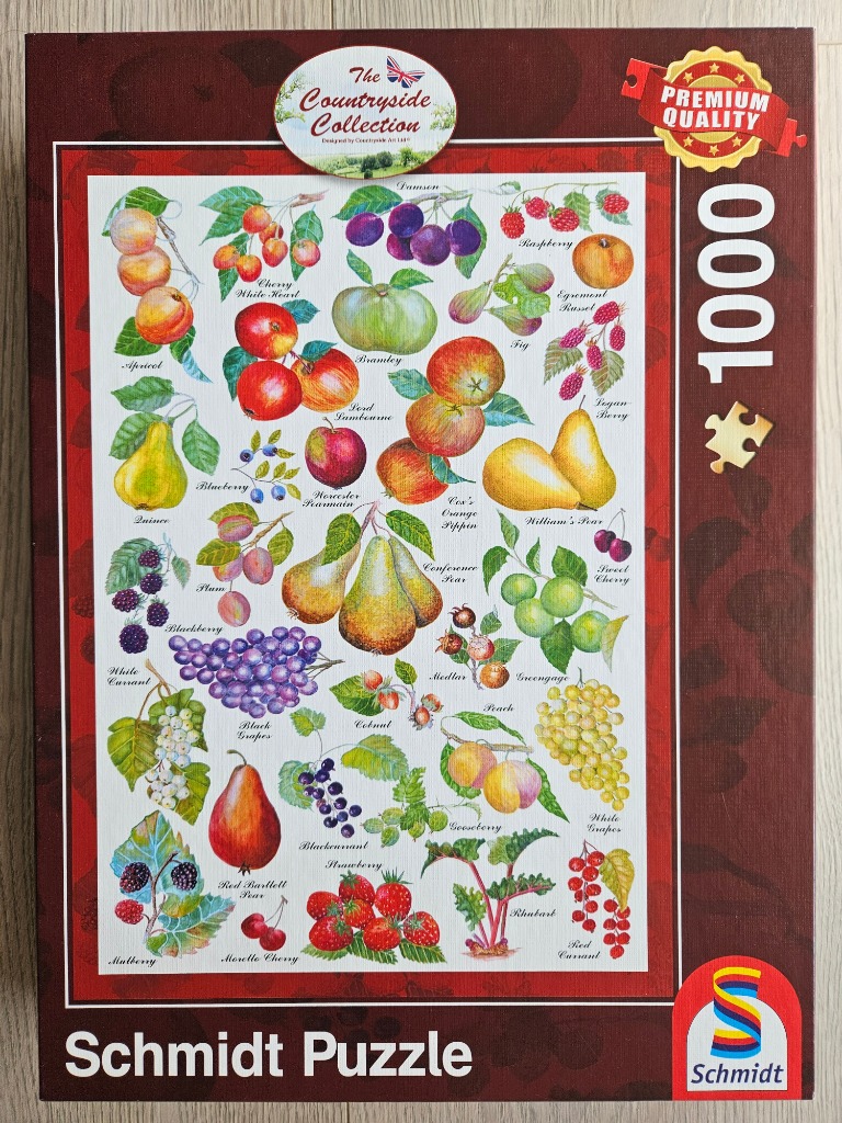 A botanical illustration featuring a variety of orchard fruits and berries arranged on a white background.