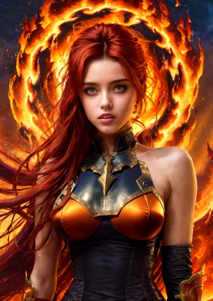 A young woman with long red hair posed in front of a swirling circular portal of fire.