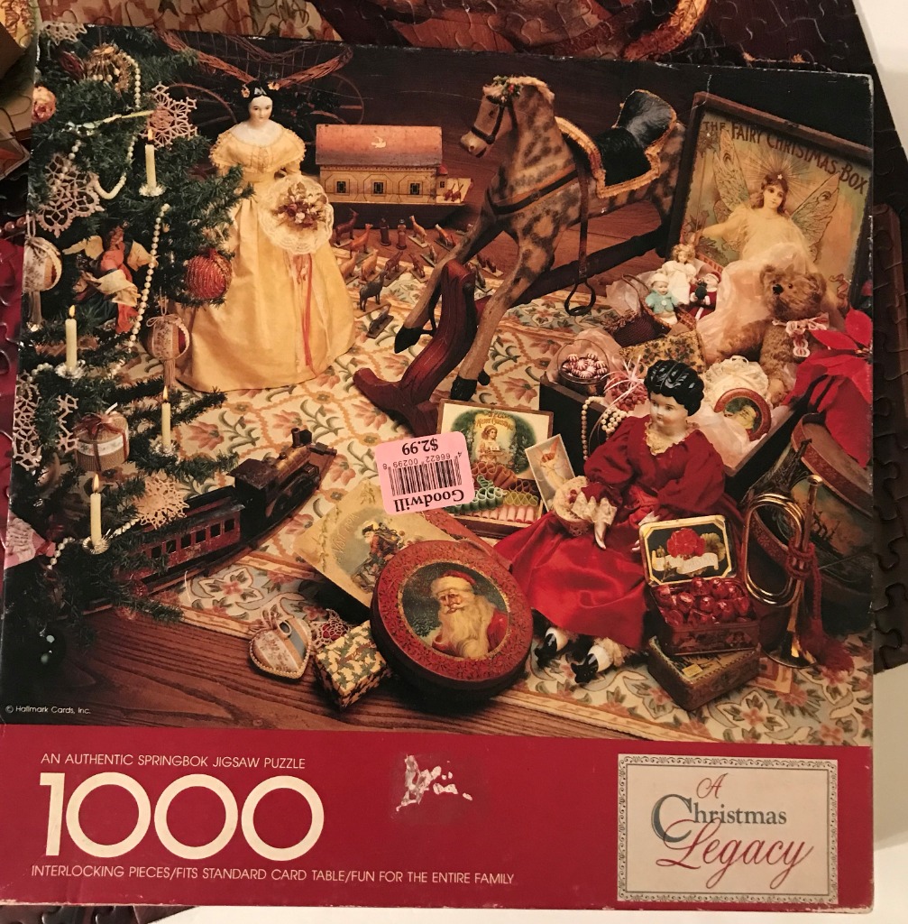 A nostalgic Victorian-style Christmas scene featuring dolls, a rocking horse, and antique toys.