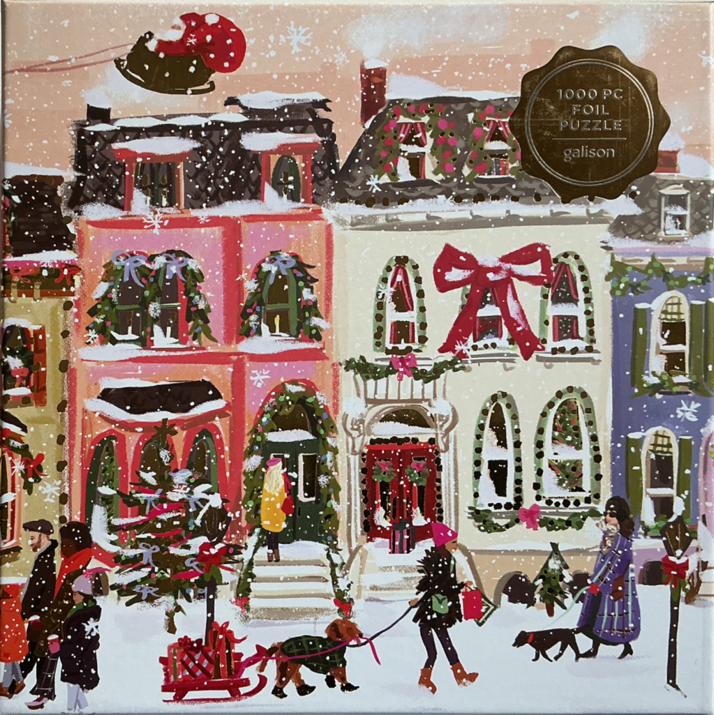 An illustration of a snowy city street during the holidays with colorful brownstones, shoppers, and Santa in the sky.