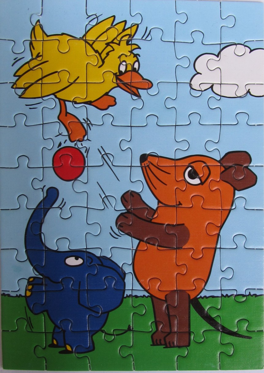 A cartoon illustration of a yellow bird, an orange mouse, and a blue elephant playing with a red ball in a field.
