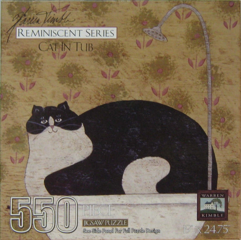 Folk art style illustration of a black and white cat sitting in a white bathtub against a floral wallpaper background.