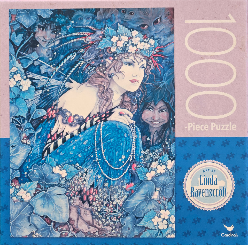 Fantasy illustration of a fairy queen in blue floral robes surrounded by woodland creatures.