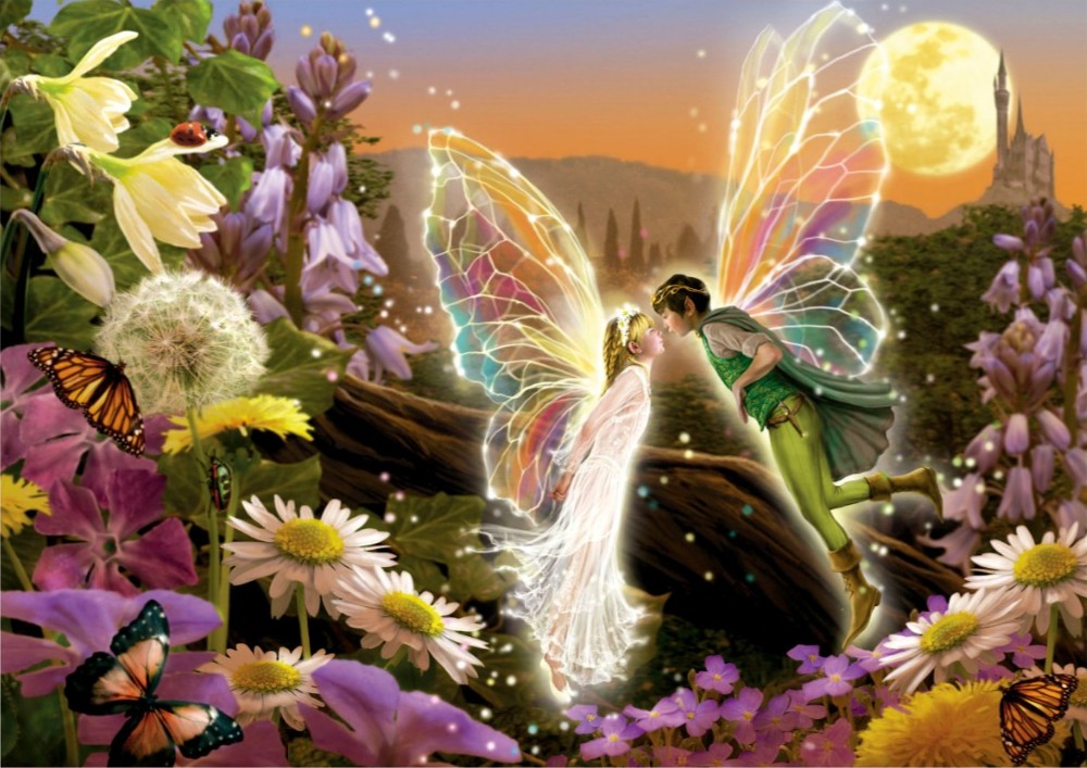 Two winged faeries sharing a tender moment in a vibrant, blooming garden at twilight.