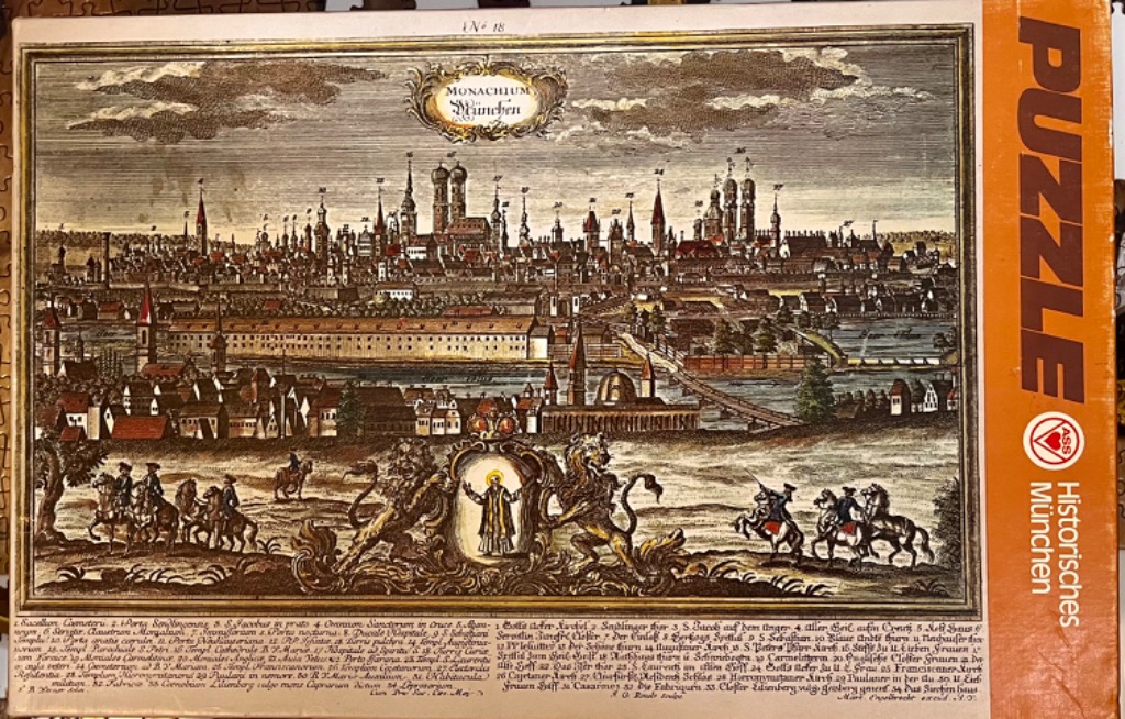 An antique-style panoramic engraving of 17th-century Munich with a cartouche and figures in the foreground.