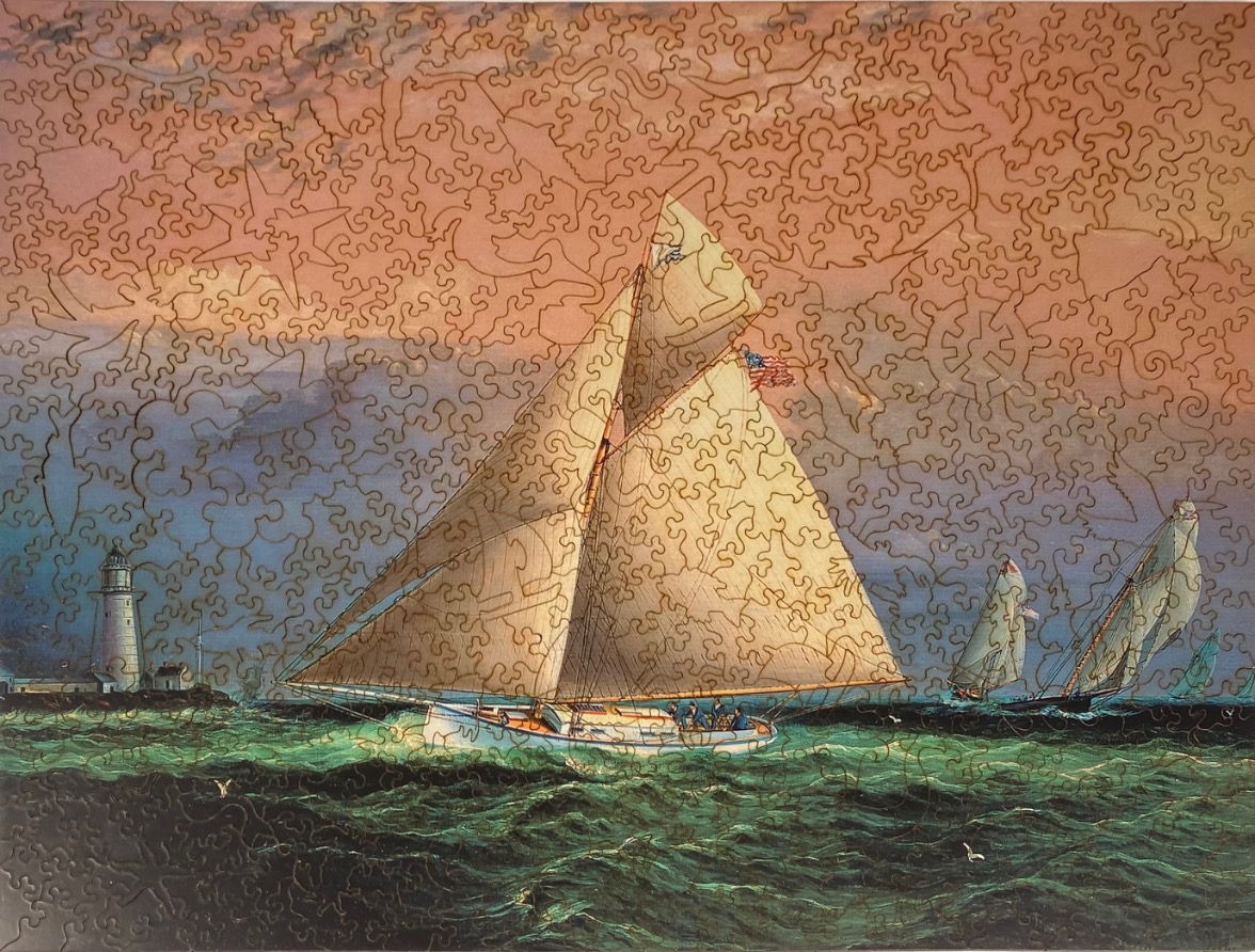 A vintage painting of a classic sailboat racing past a lighthouse at sunset