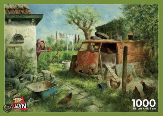 Oil painting of a rustic farmyard scene with an old woman, a rusted van, and several chickens.