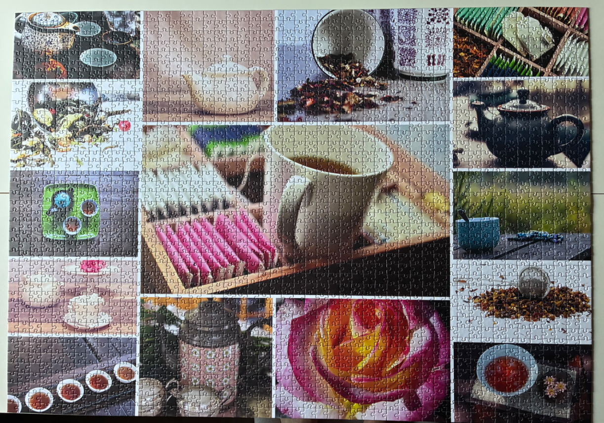 A collage of tea-themed images, including teapots, cups, loose leaves, and floral motifs.