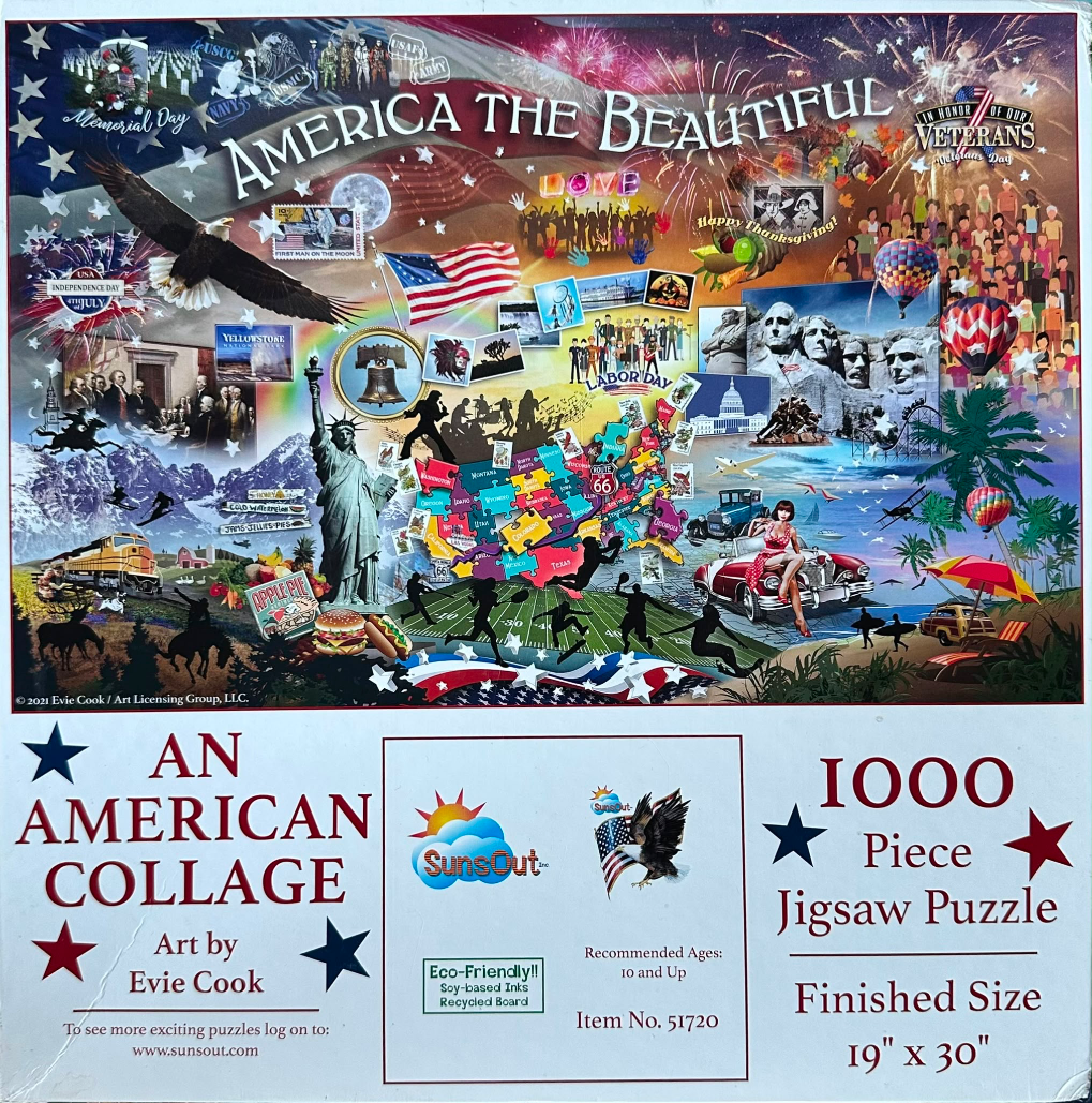 A digital collage depicting American cultural icons, landmarks, and patriotic themes layered over a stylized map.