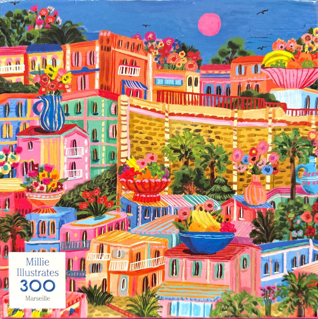 An illustration of a vibrant, colourful Mediterranean townscape featuring layered buildings and fruit bowls.